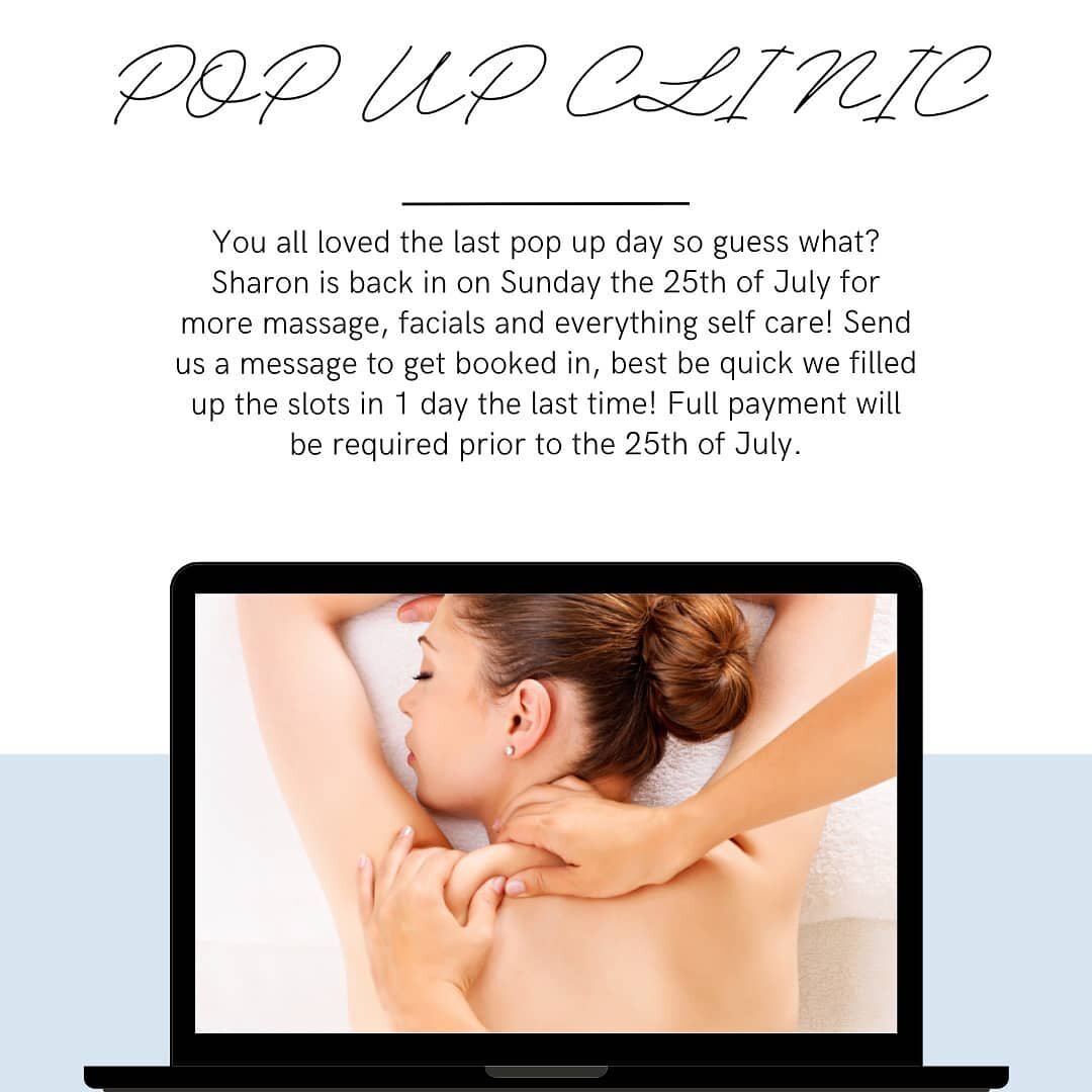 It's back! Sharon will be running another Sunday massage &amp; facials pop up clinic on the 25th of July. Choose from a range of luxurious treatments from hot pink himalayan salt massage to a skin specific Tropic facial. Get booked in for a day of se