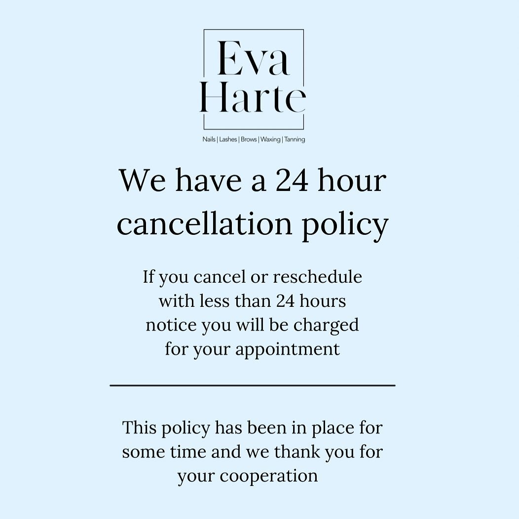 ✨ Just a reminder of our Cancellation Policy

If you cancel within 24 hours or on the day of your appointment you will be charged our cancellation fee which is 100% of the booked appointment. 

This is something that is in place in a lot of salons an