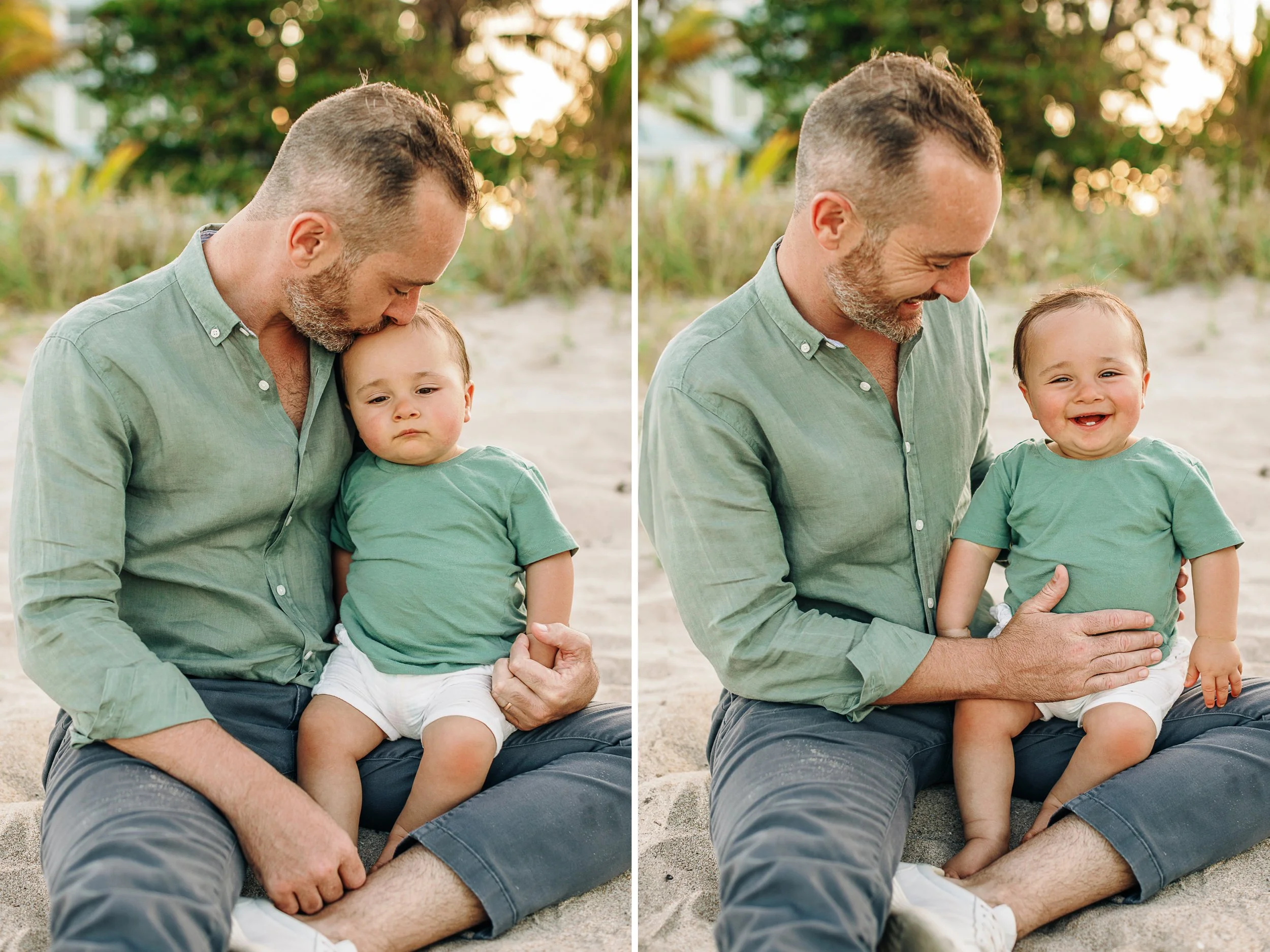 Dad holding his baby during a family beach session near Pompano Beach Pier