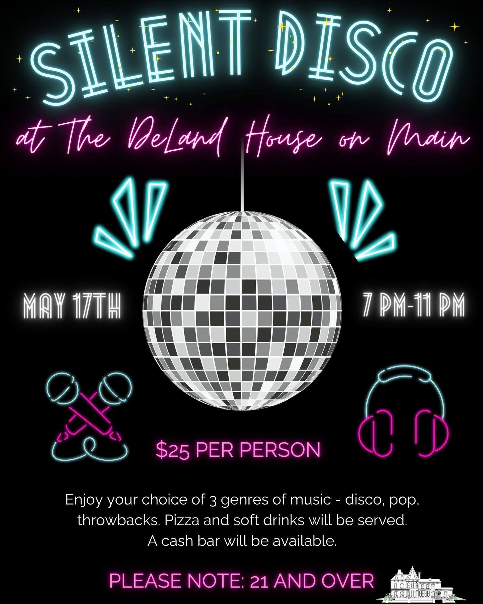 Book your tickets for the Silent Disco at The DeLand House on Main with the link in our bio (also provided below)! 🕺🪩💃🏼 

Come and dance the night away on May 17th from 7pm-11pm. Choose between 3 different channels: disco, modern pop, and throwba