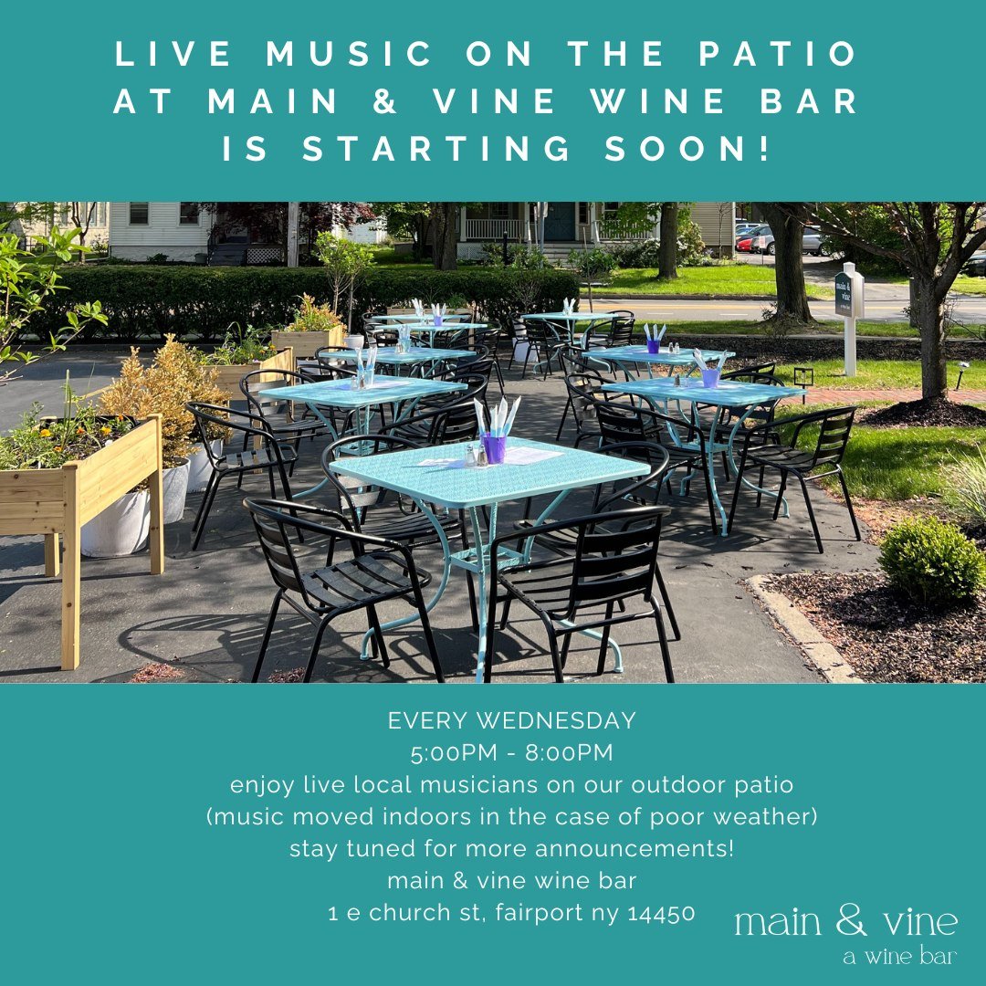 live music on the patio is coming back this spring/summer at main &amp; vine ☀️🎵🌺

we are so excited to see our favorite local musicians again and hear some new ones &amp; we hope you are too 🎸🥳

stay tuned for more announcements!
.
.
.
#mainandv
