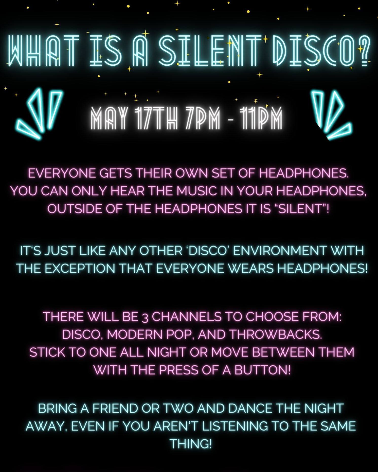 We got a lot of questions about what our Silent Disco entails, so we figured we'd answer them here! 🕺🪩💃🏼

Silent Discos were originally created so that spaces limited by noise constraints could still party! With the Silent Disco format, everyone 