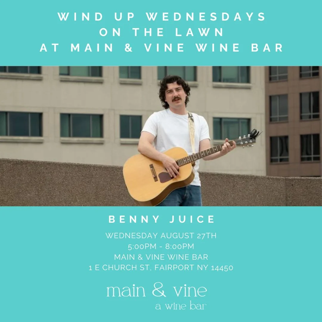 join us next wednesday, august 27th  for one of our favorites, benny juice!!

enjoy the warm weather and great music. indulge in drinks, food, and even dessert, if you&rsquo;re in the mood. can&rsquo;t wait to see you there. 🍷🍪

if the weather is n