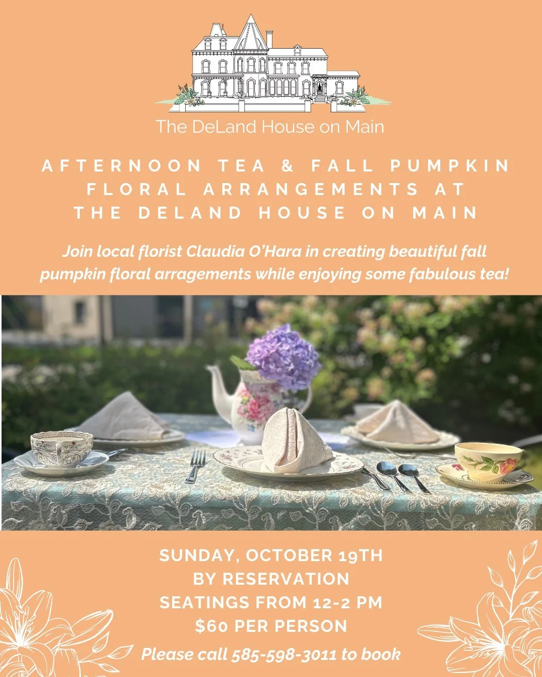 ✨ Join us for a cozy afternoon of tea and fall pumpkin floral arranging with local florist Claudia O&rsquo;Hara! 🍂🎃☕
📅 October 19 | 🕛 12:00&ndash;2:00 PM
💐 $60 per person | Reservations required

Sip, savor, and create a seasonal centerpiece to 