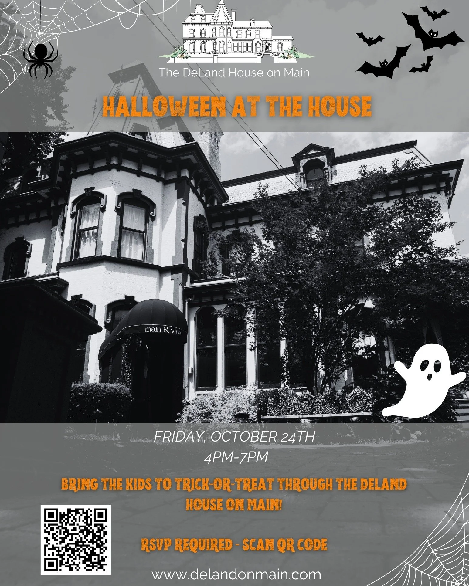 Join us for another spectacular year of Halloween at the House! Bring the kids for trick-or-treating at the DeLand House on Main on October 25th from 4pm to 7pm. We&rsquo;ll have treats and tricks in several of the rooms inside the house, ending in t