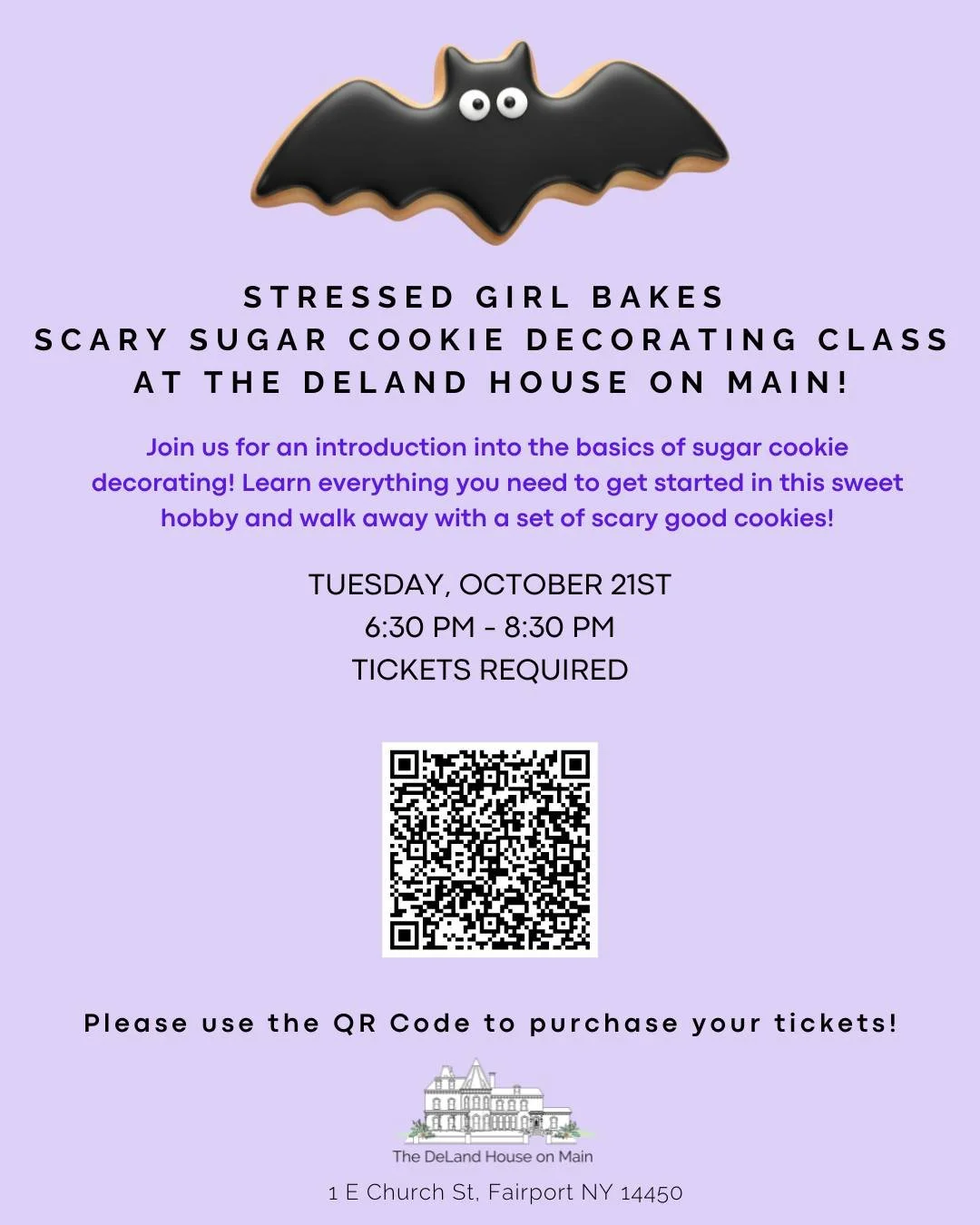 🎃✨ Get it, Ghouls! ✨🎃

Join me at The DeLand House on Main in Fairport for a spooktacular night of sugar cookie decorating with Stressed Girl Bakes! 🕸️

In this beginner-friendly class, you&rsquo;ll learn the basics of royal icing, cookie decorati