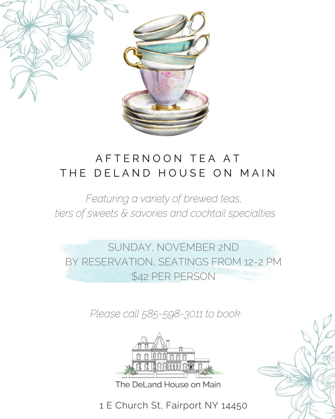 Pinkies up! Join us for another fabulous fall Afternoon Tea at The DeLand House on Main on Sunday, November 2nd!
For $42 a person, enjoy delicious savory tea sandwiches, a variety of scones, some sweet house-made desserts, and great tea service feat