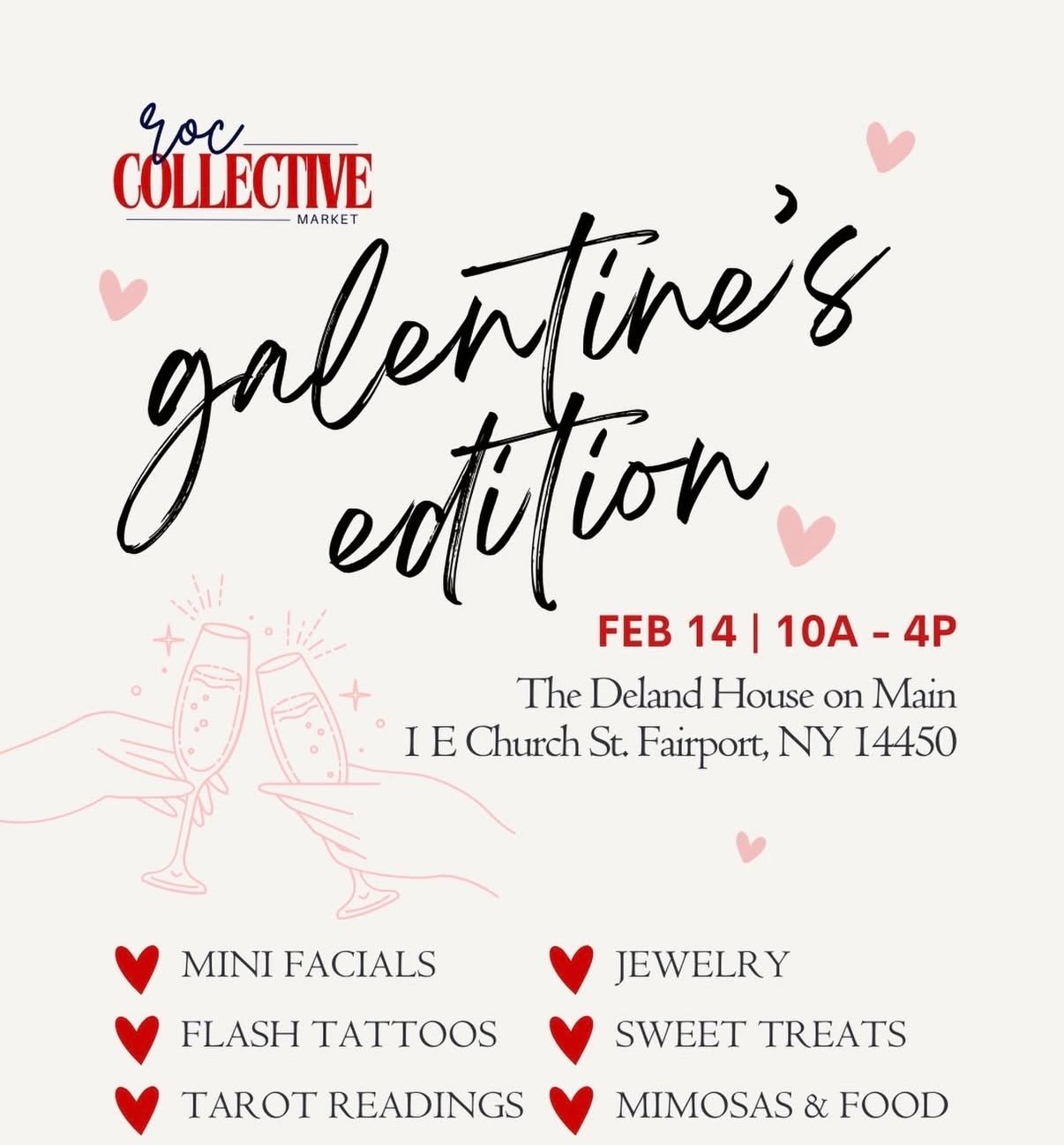 Calling all gals 💕 Grab your besties and celebrate Galentine&rsquo;s Day with Roc Collective Market! ✨ 

Join us February 14th from 10am&ndash;4pm for mini facials, flash tattoos, tarot readings, jewelry, sweet treats, mimosas &amp; more at The DeLa