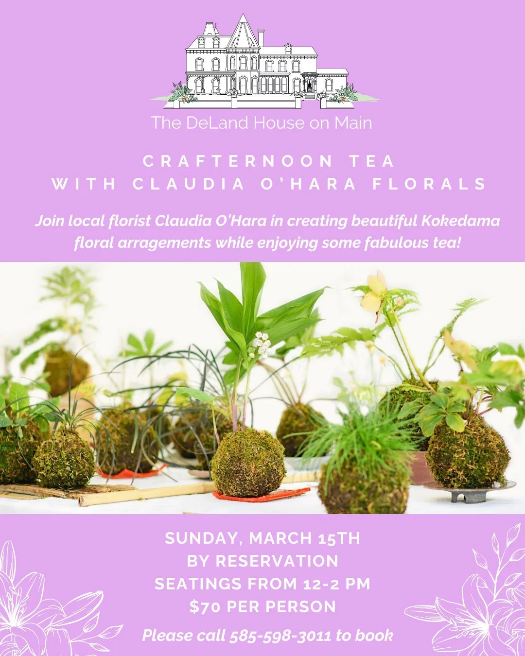 🌸 Crafternoon Tea with Florist @cjoharadesigns 🌸
📅 Sunday, March 15, 2026
⏰ 12:00&ndash;2:00 PM

Join us for a relaxing and creative afternoon featuring Afternoon Tea followed by a hands-on Kokedama (Japanese Moss Ball) workshop led by local flori