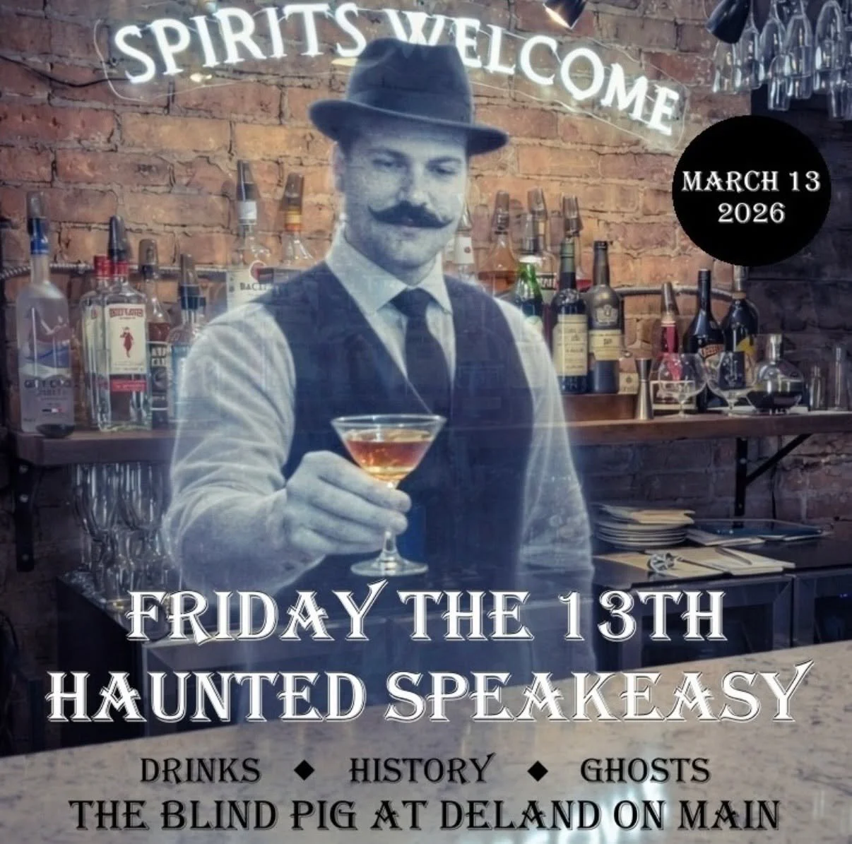 Step into the shadows and uncover Prohibition-era secrets, local legends, and ghostly tales at this immersive, in-person storytelling night! 🥂

Join us at The Blind Pig (located inside The DeLand House on Main) for an evening of fascinating history,
