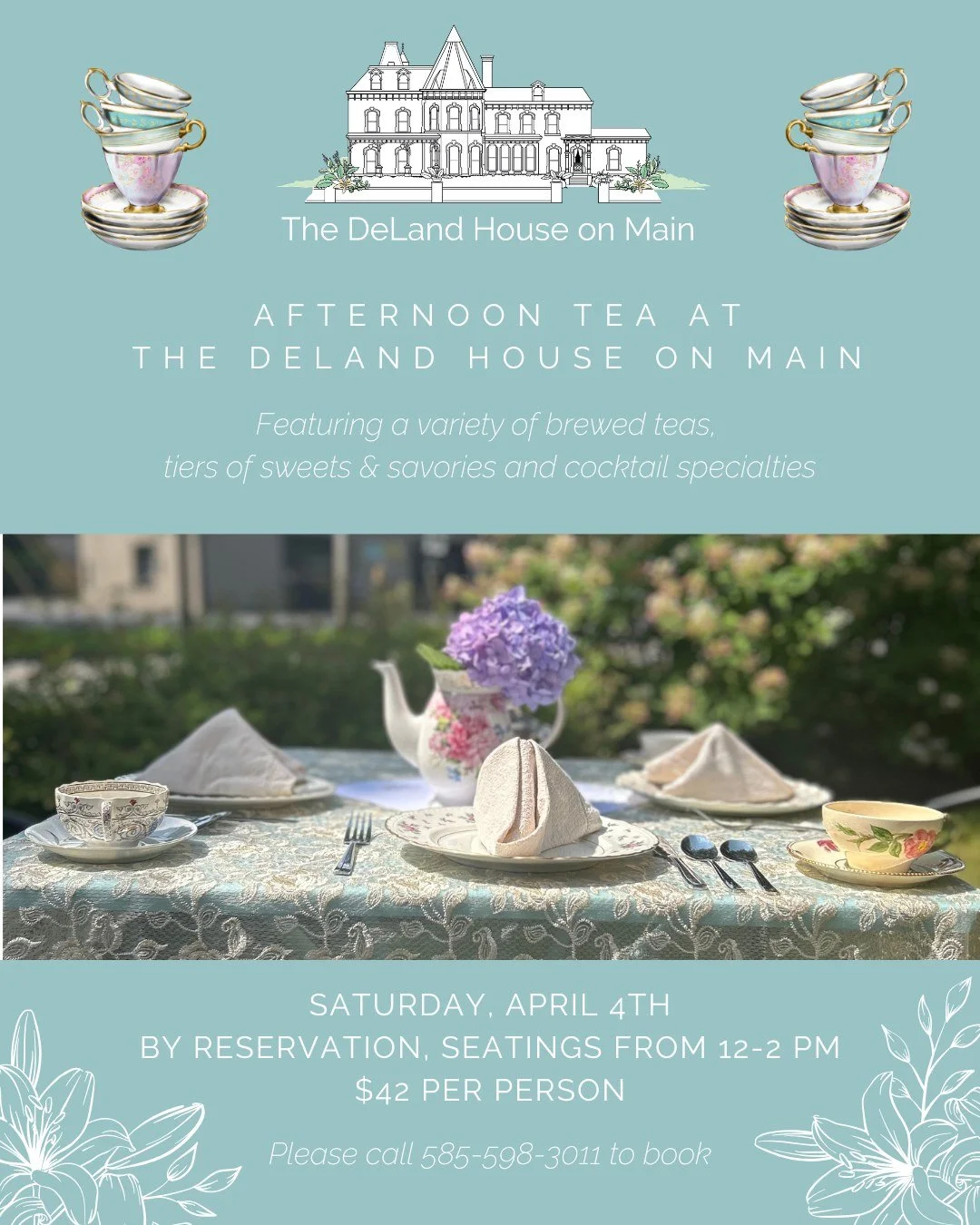 Pinkies up! Join us for another wonderful Afternoon Tea at The DeLand House on Main on Saturday, April 4th!! 

Enjoy delicious savory tea sandwiches, a variety of scones, some sweet house-made desserts, and great tea service to warm you up featuring 