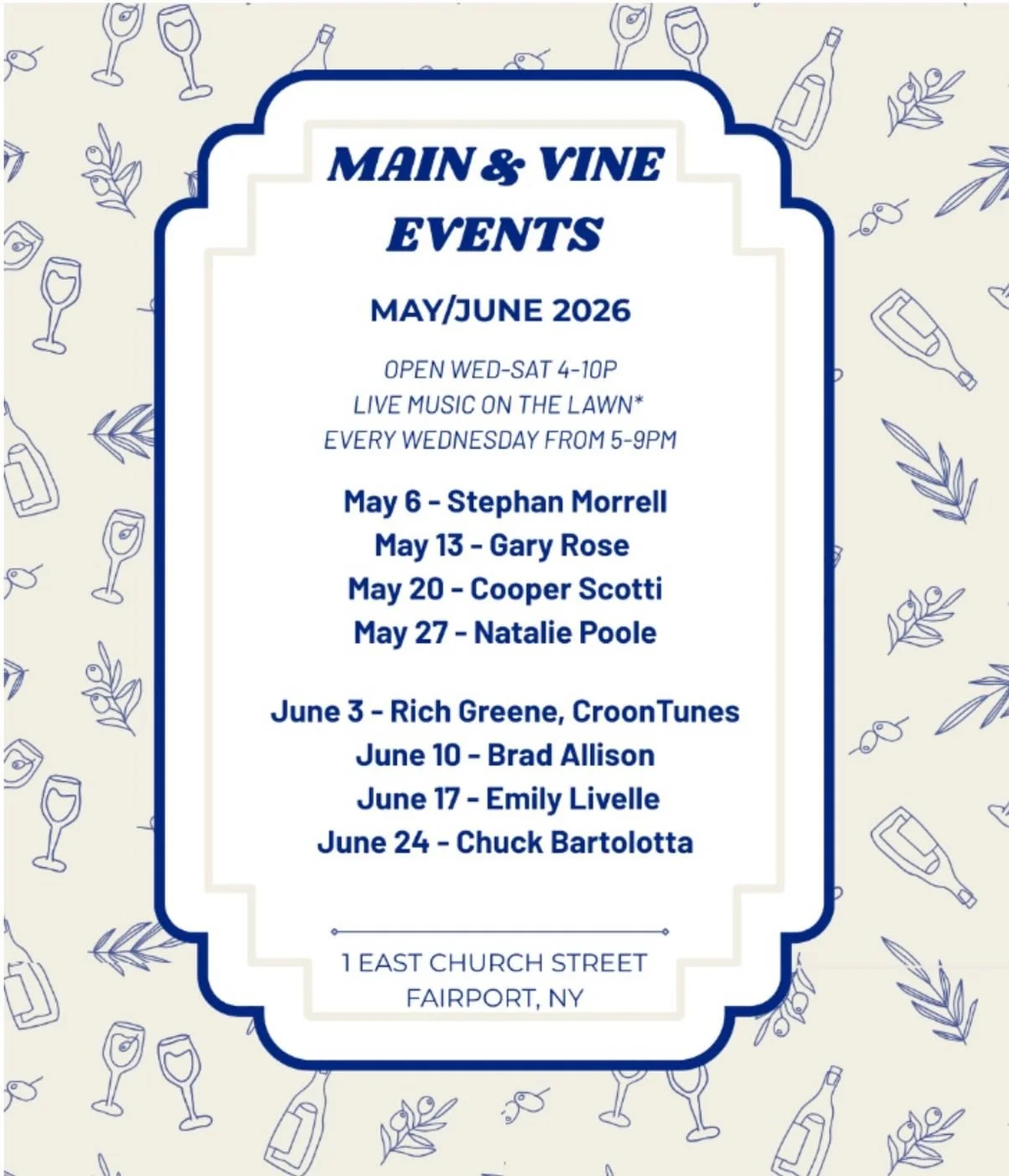 Main &amp; Vine is the place to be! Consider our $6 Wine of the Week offerings, seasonal food menu of lite fare, and live music on the lawn with Wind-Up Wednesdays&hellip; is there anywhere you&rsquo;d rather be?🍷

Oh, and the party doesn&rsquo;t st