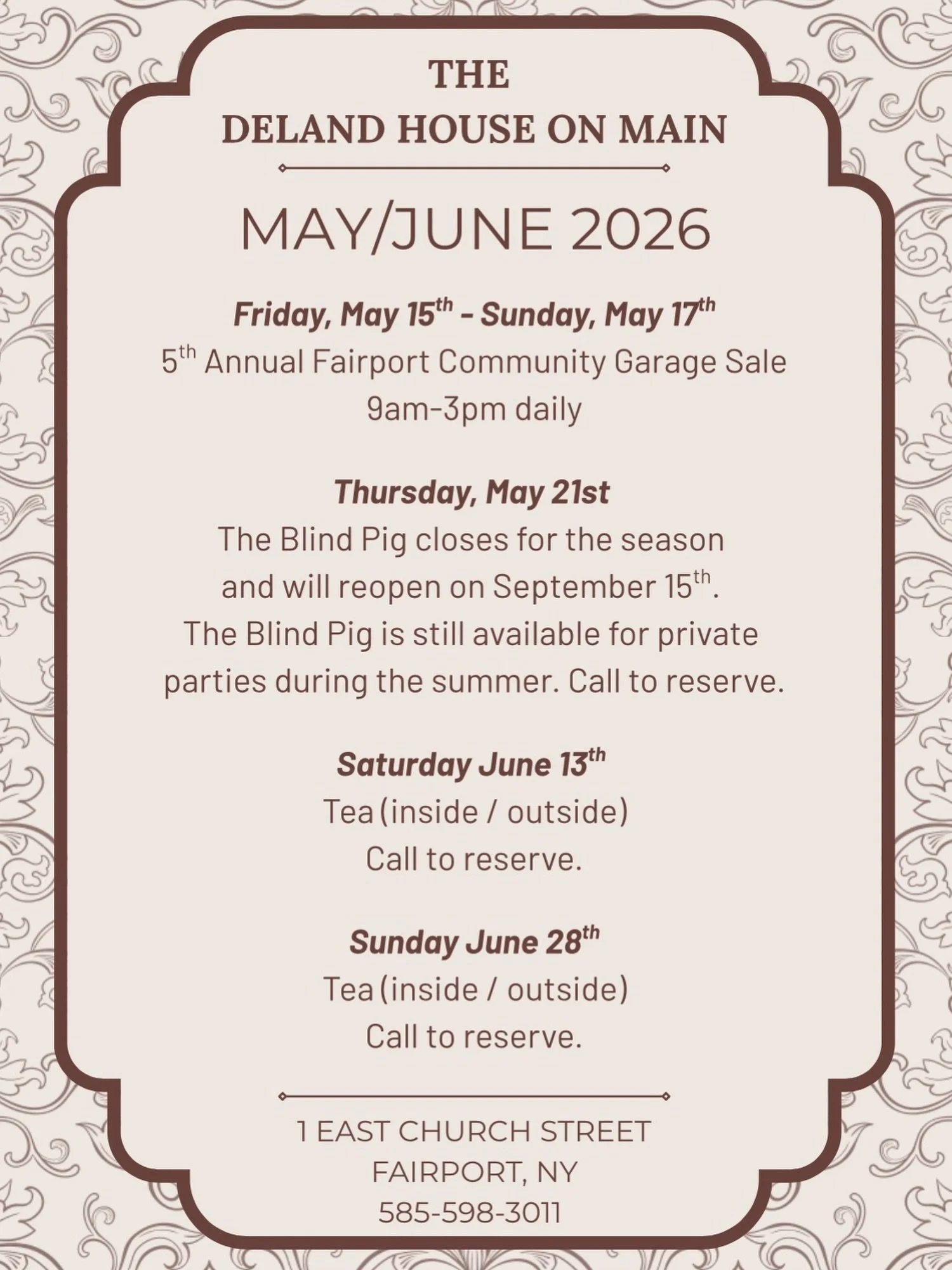 May/June events at The DeLand House on Main. Come join us, and experience an historic legacy in the heart of the Village of Fairport. Visit our website and sign up for our mailing list for more information (link in bio). 

@finditinfairport #historic