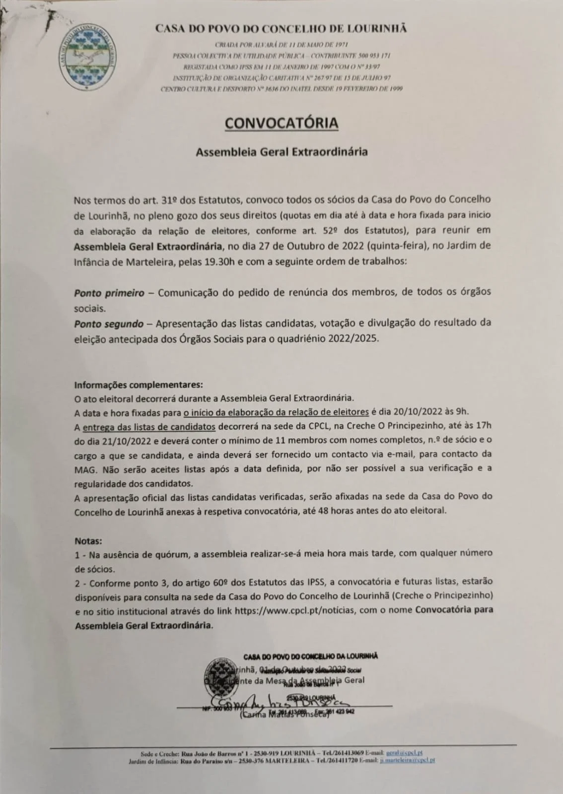 Convocatória para Assembleia Geral Extraordinária