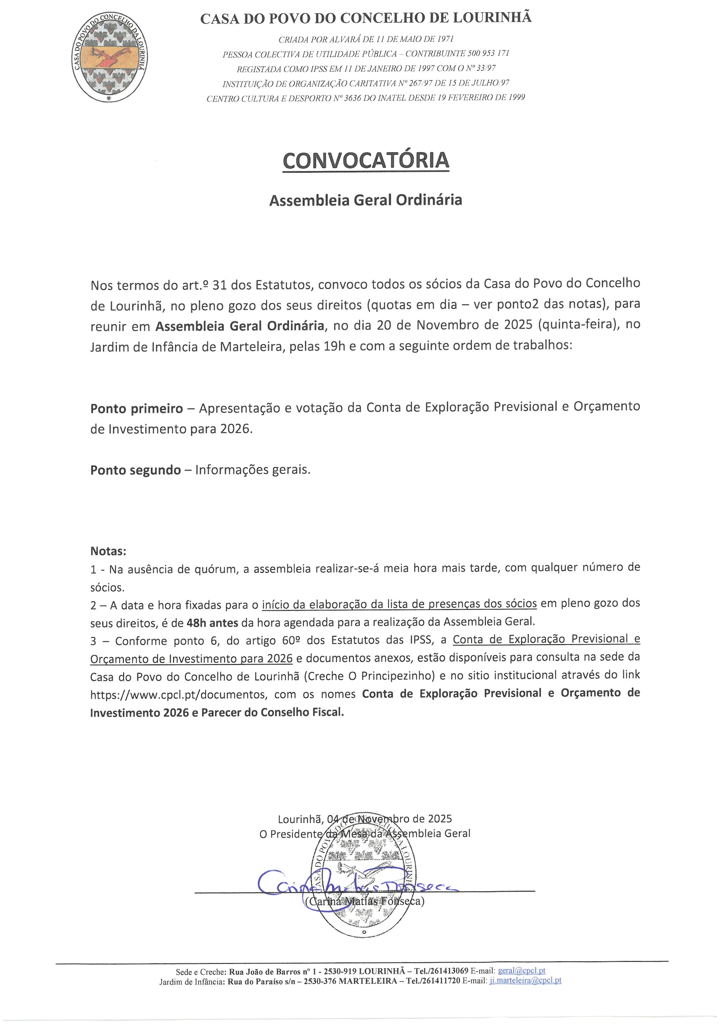 Convocatória para Assembleia Geral Ordinária