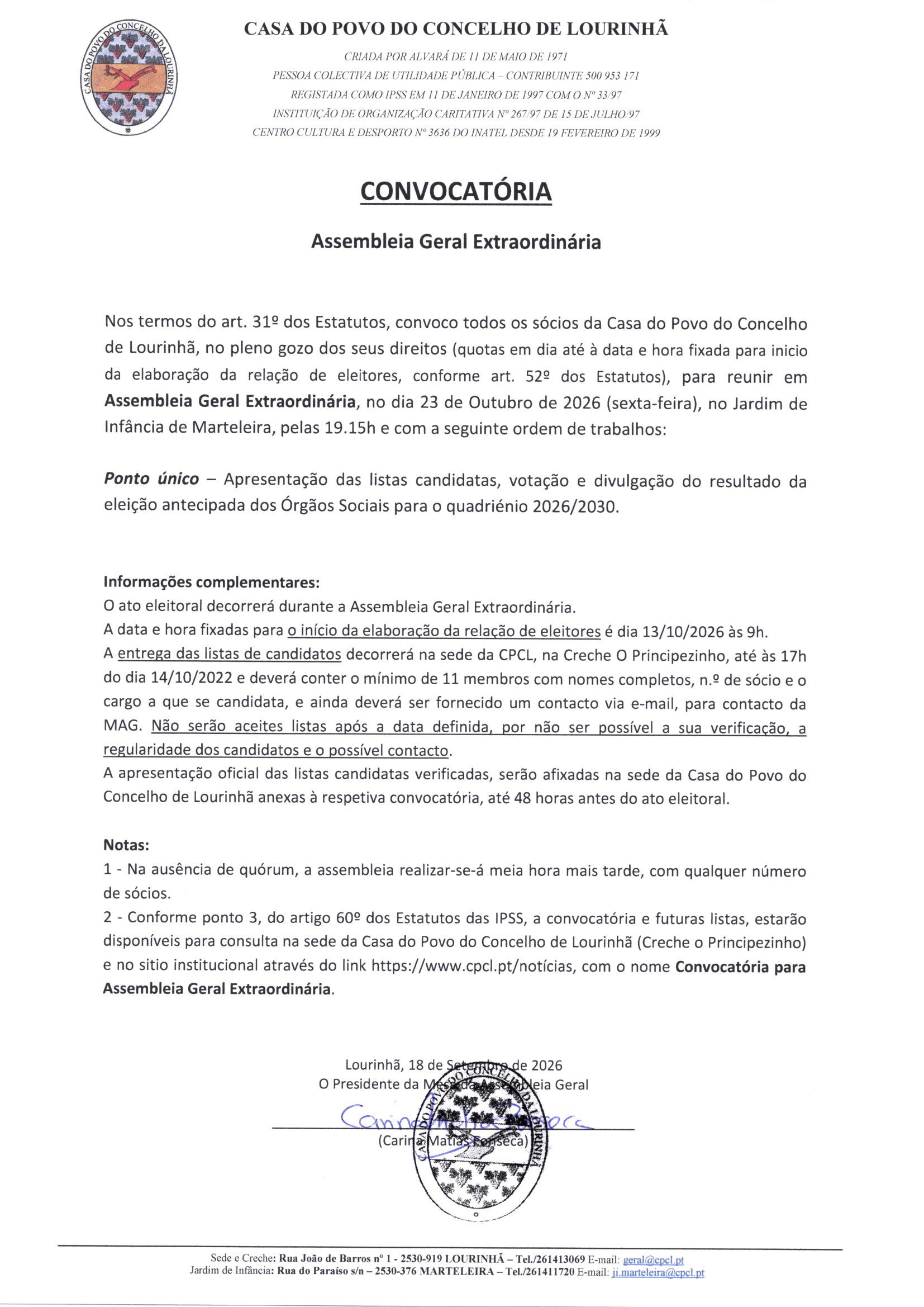 Convocatória para Assembleia Geral Extraordinária (eleições)
