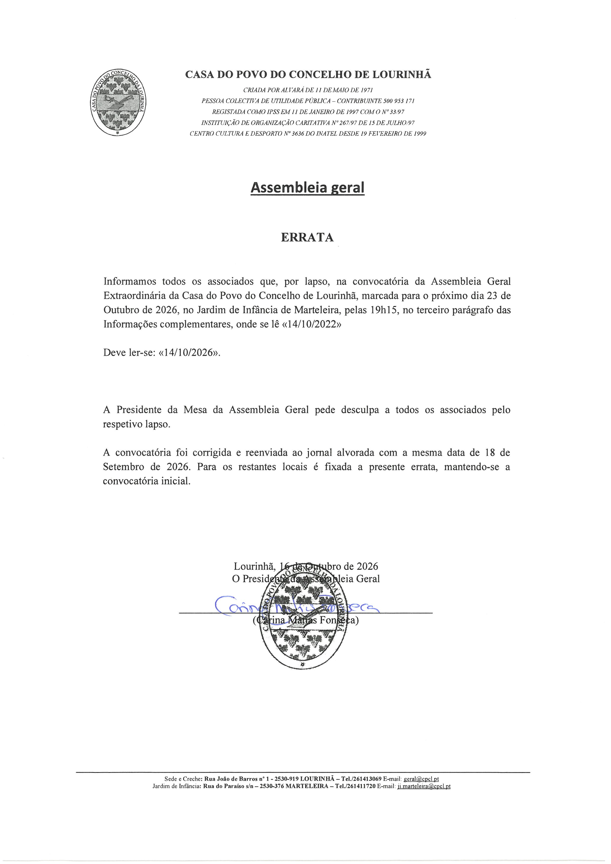 Errata para Convocatória para Assembleia Geral Extraordinária (eleições) 
