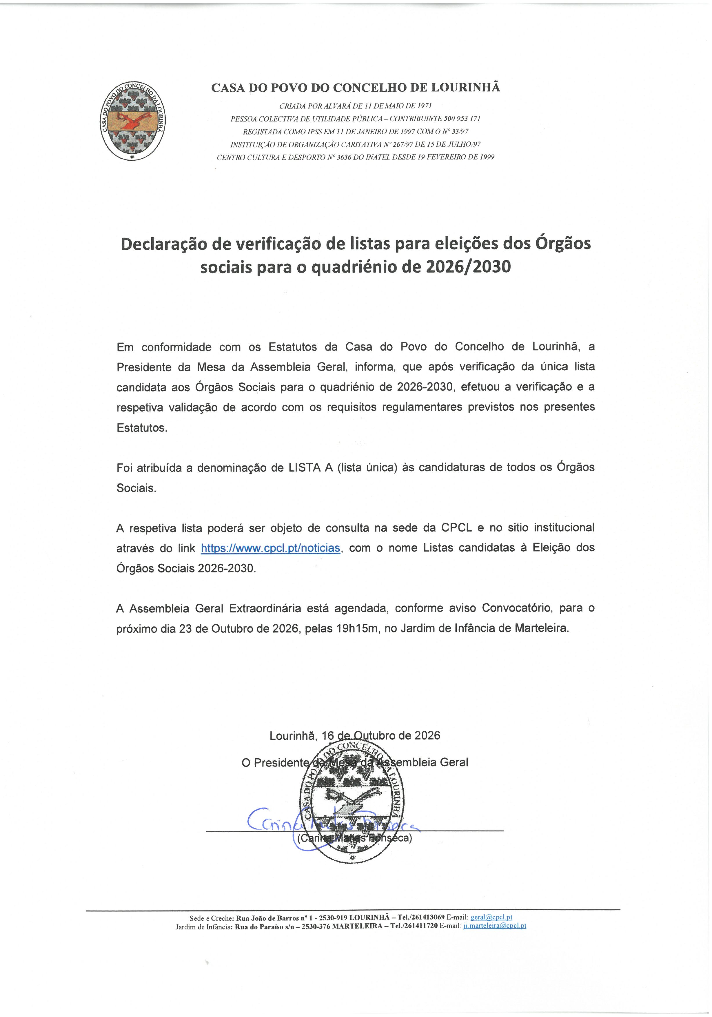 Listas candidatas à eleição dos Orgãos Sociais 2026-2030