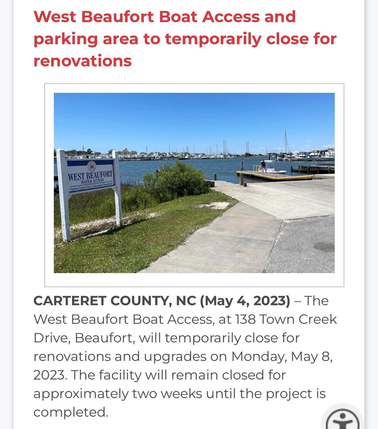 🚨🚨🚨Notice🚨🚨🚨
We are renovating our local public boat ramp!  Starting next Monday the West Beaufort Boat Ramp will be Closed for 2-weeks. We are excited to begin this project and FINALLY upgrade this very popular public access.