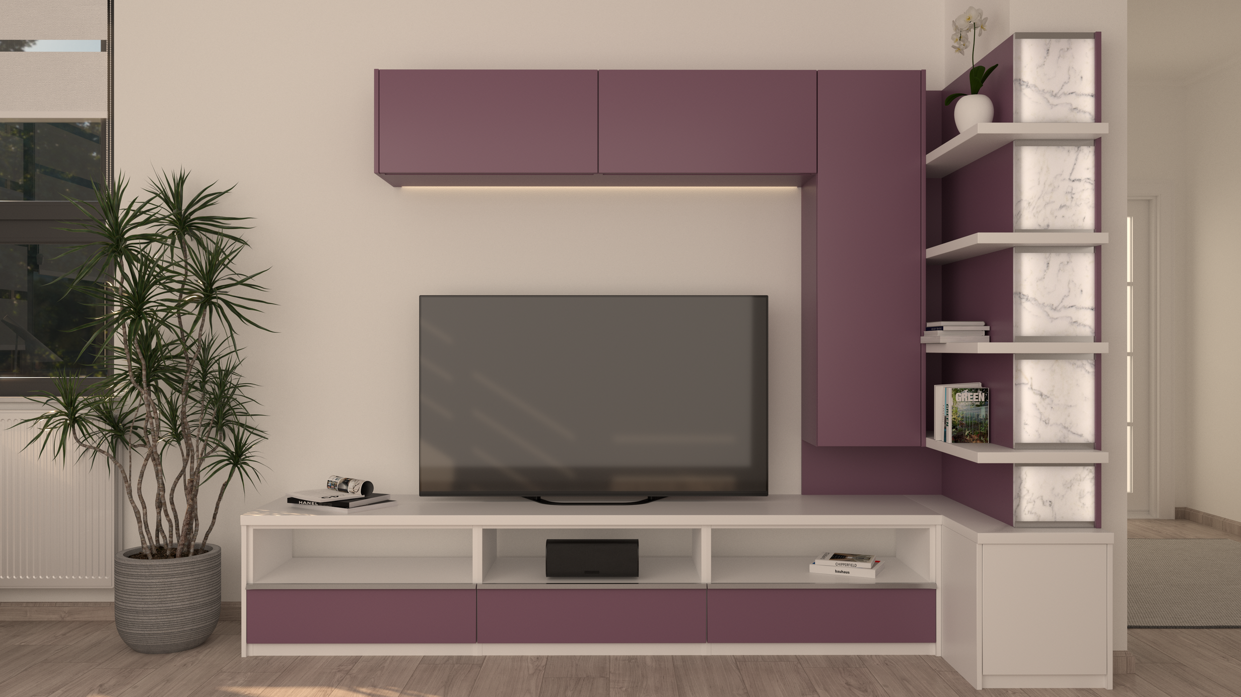 Mobila living, comoda TV, mobilier sufragerie mov, biblioteca TV, mobila alba, mobila mov, mobilier hol alb, lumina indirecta, banda LED, mobilier media si TV