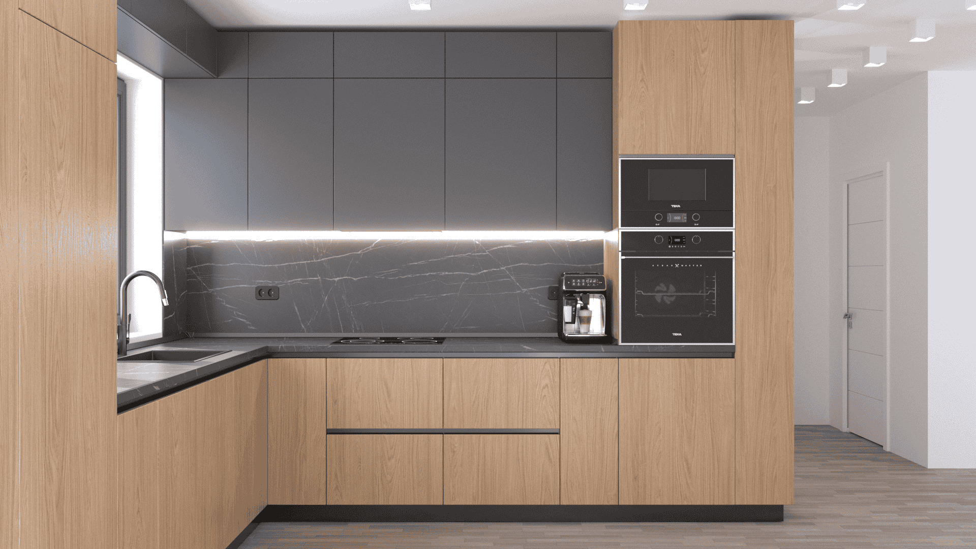 Design interior modern cu bucătărie realizată la comandă în Cluj, ce pune accent pe funcționalitate, estetică minimalistă și materiale de calitate superioară.