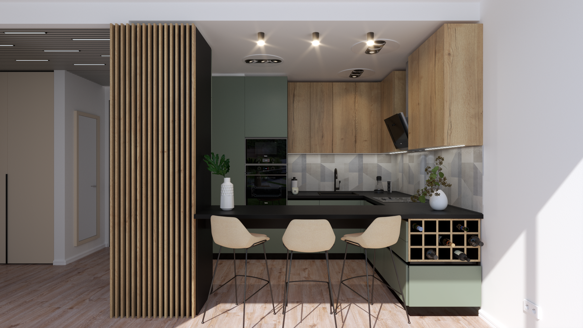 Bucătărie modernă cu mobilier verde salvie și accente din lemn natural, realizată ca mobilă la comandă Cluj pentru un design elegant și funcțional.