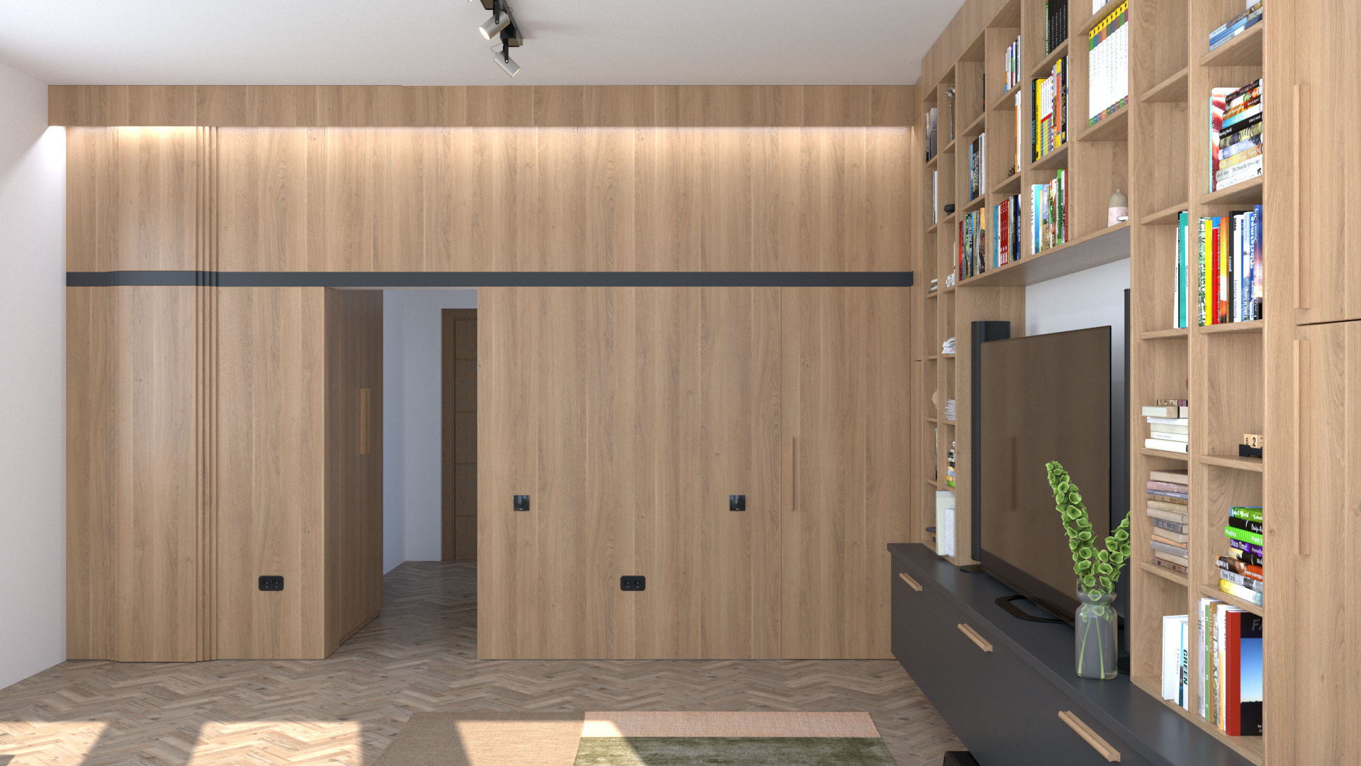 Mobilier living personalizat Cluj Napoca, rafturi pe toată înălțimea și TV integrat.