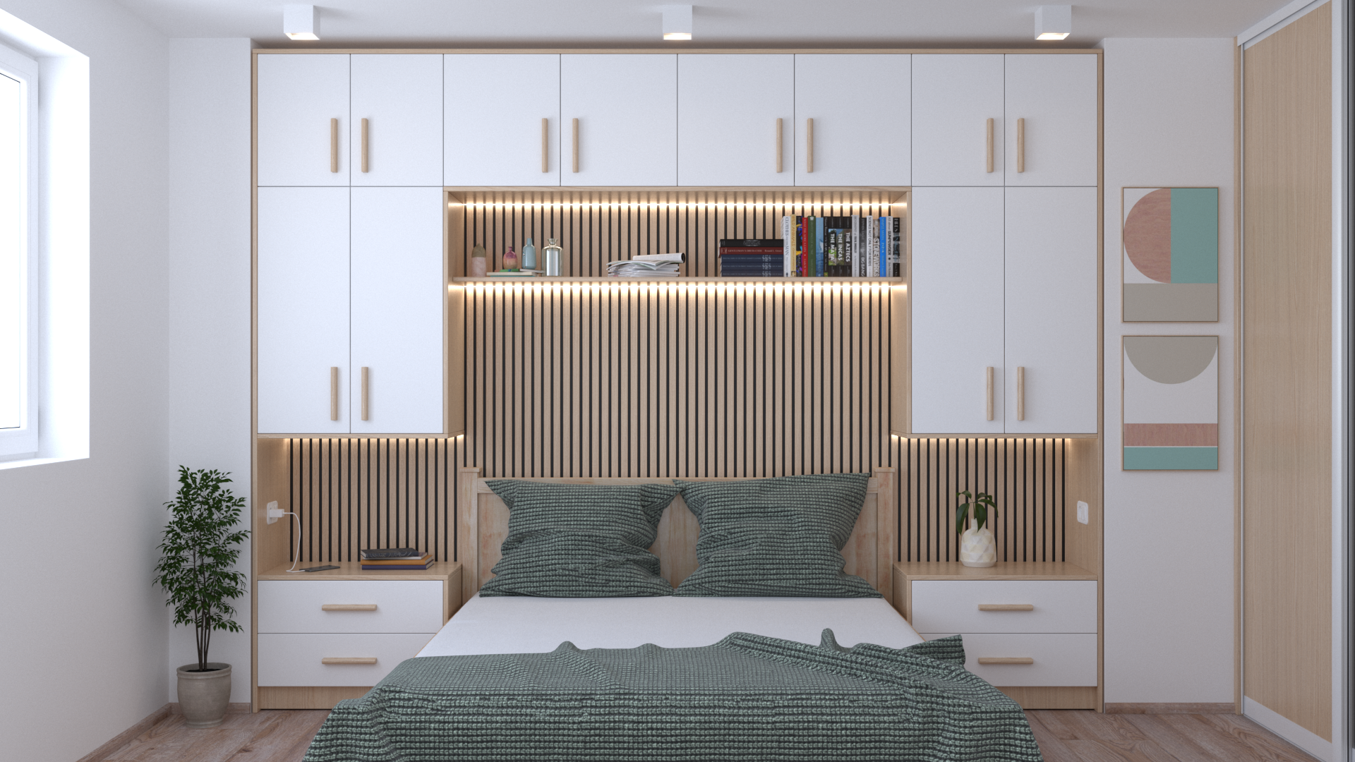 Dormitor luminos cu mobilier alb și lemn deschis, iluminare LED integrată și design minimalist.