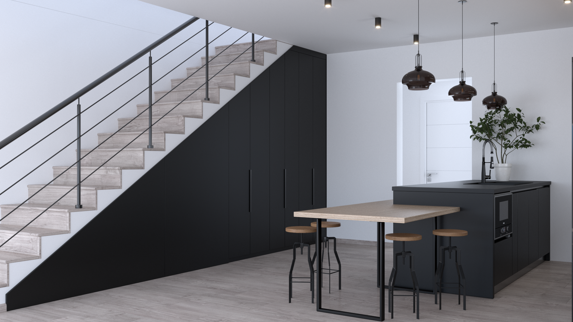 Garderobă neagră integrată sub scară, design inteligent pentru spațiu suplimentar – mobilier la comandă Cluj