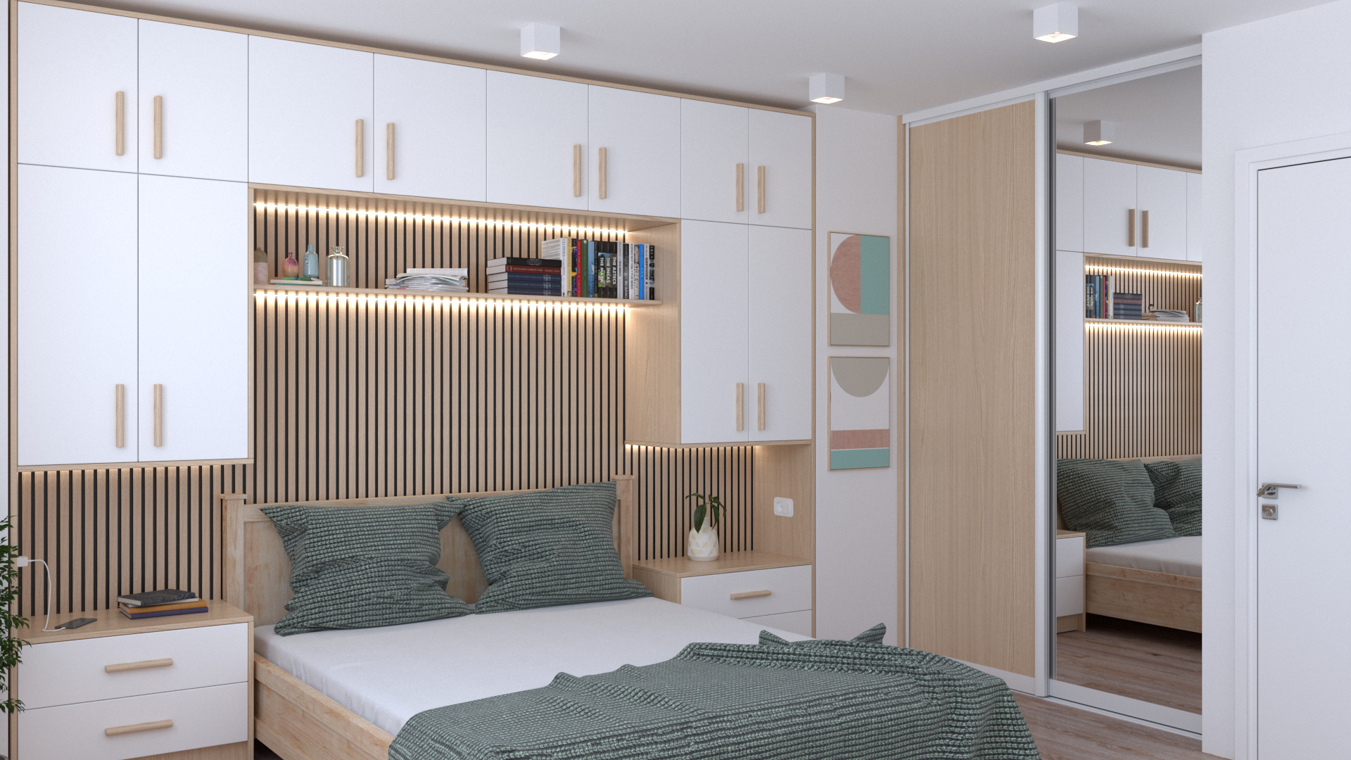 Dormitor modern cu design scandinav și mobilier integrat