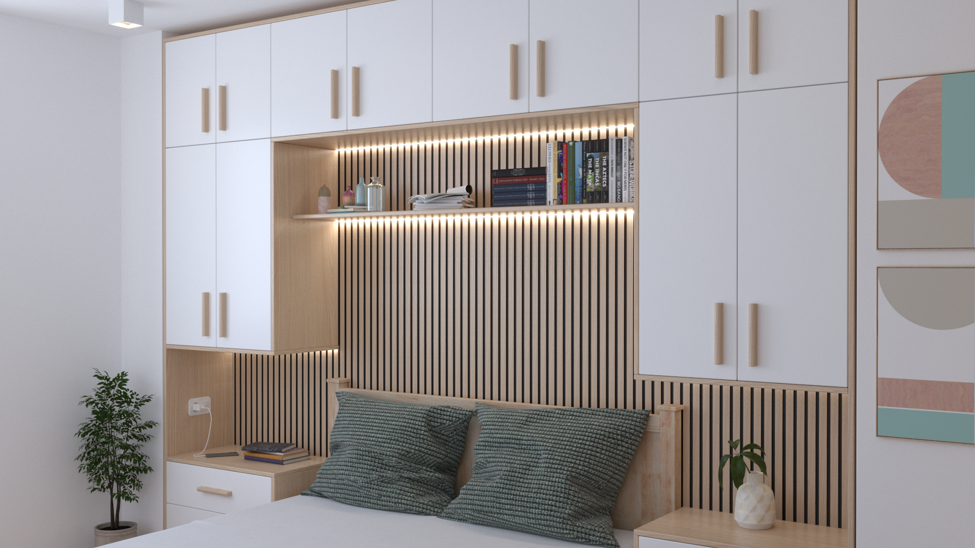 Mobilier dormitor cu depozitare inteligentă, dulap cu uși glisante și perete decorativ cu lamele din lemn.