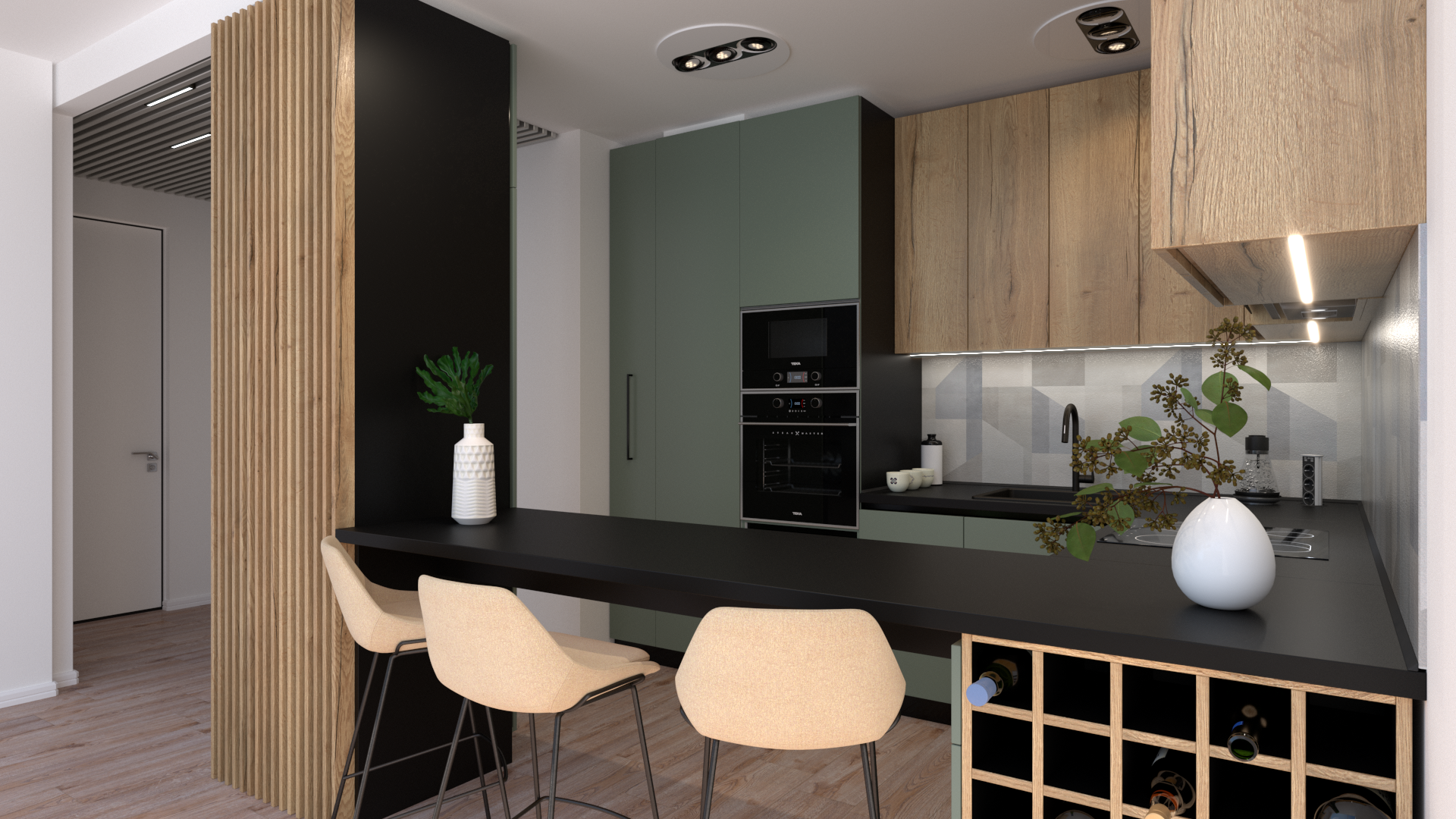 Mobilier personalizat în Cluj-Napoca pentru bucătărie contemporană, cu riflaje decorative din lemn și iluminare LED integrată.