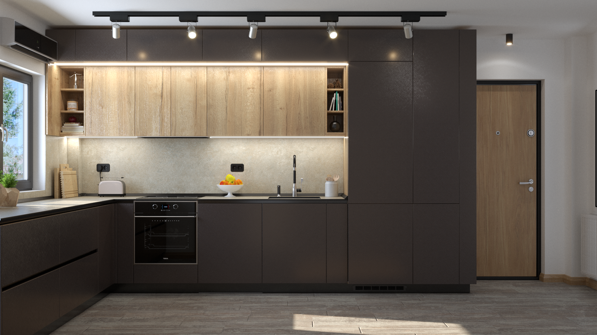 Bucătărie în formă de L cu electrocasnice integrate și dulapuri pe toată înălțimea.