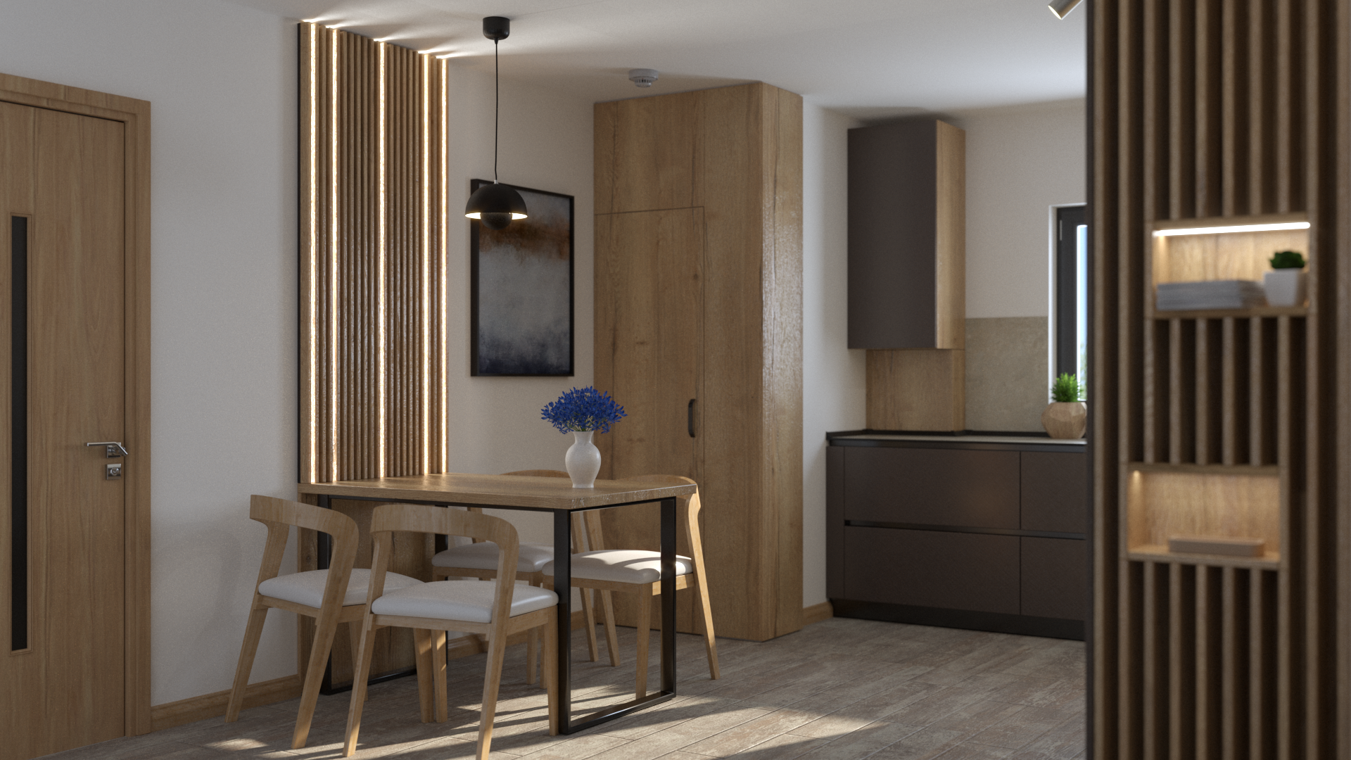 Mobilier de bucătărie cu zona de dining, fără mânere, sistem Gola, cu finisaje moderne și elegante.