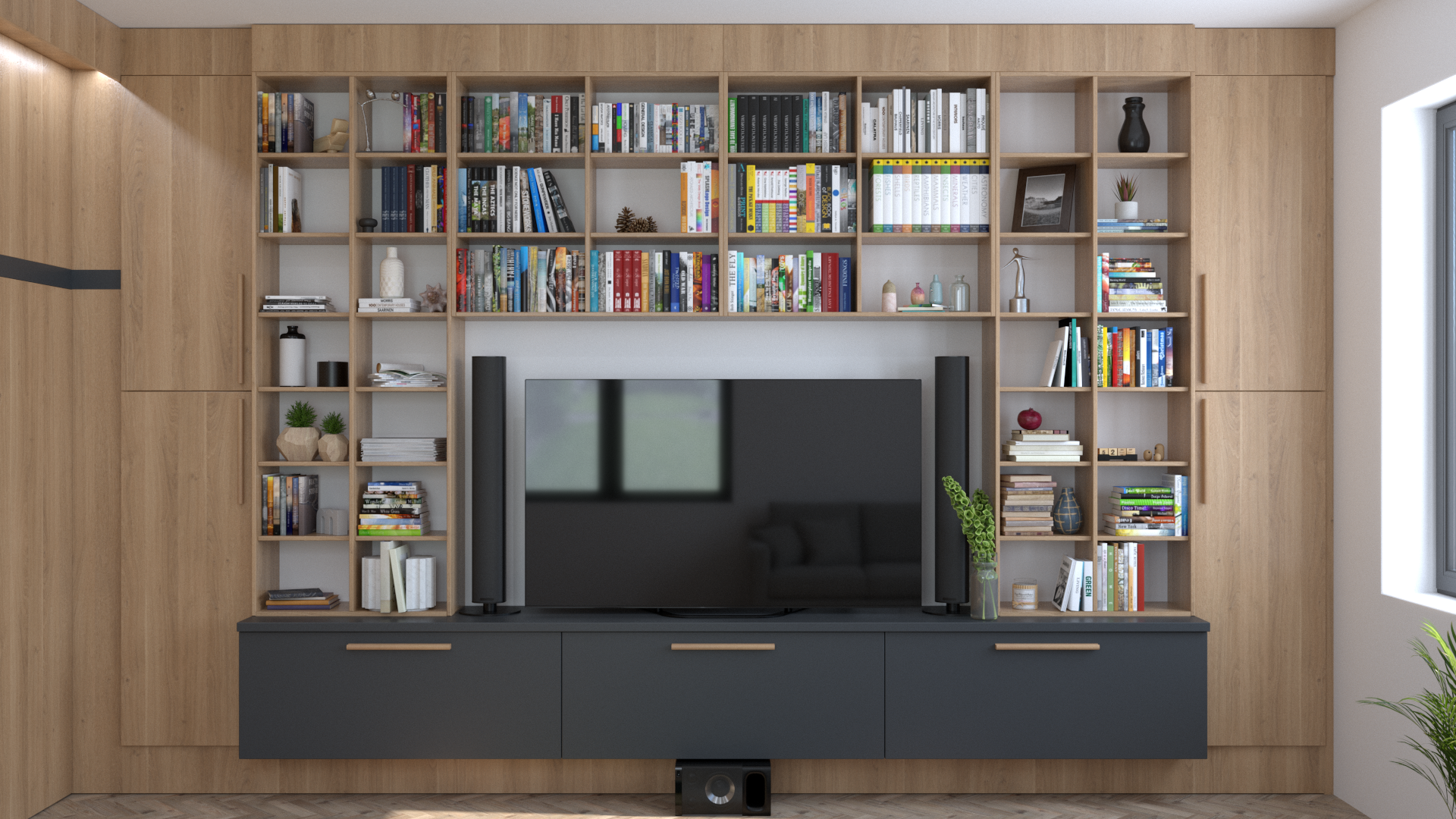 Living elegant cu dulapuri și panouri din lemn stejar, iluminare LED ambientală – mobila la comandă Cluj.