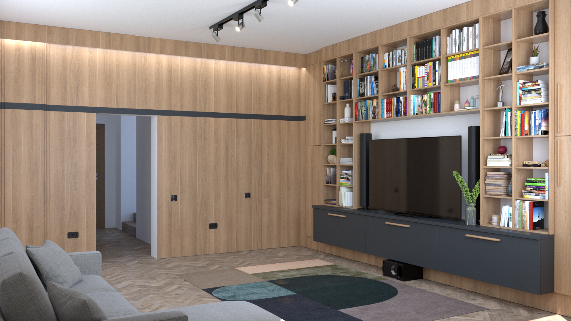 Living modern cu bibliotecă integrată