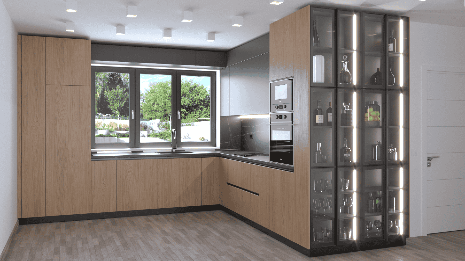 Bucătărie modernă realizată ca mobilă la comandă Cluj, cu fronturi din lemn natural și blat negru elegant, iluminată cu LED integrat pentru un design contemporan și funcțional.