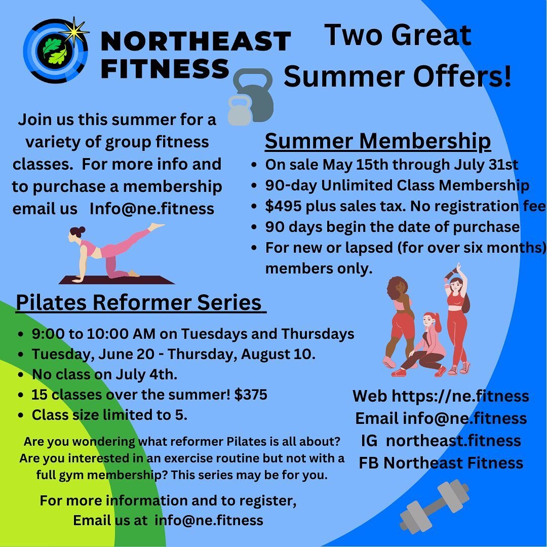 SUMMER IS COMING! Make the most of summer with a Summer Membership or joining a special summer series of Reformer Pilates classes @northeast.fitness For more information or to register / purchase, contact us at info@ne.fitness today! #fitnessjourney 