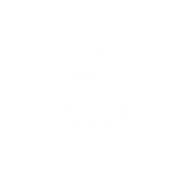 Black background with a white circular logo containing a stylized 'H' in the center, and the words 'UPPER HOUSE' and 'HOME DESIGN' below the logo.