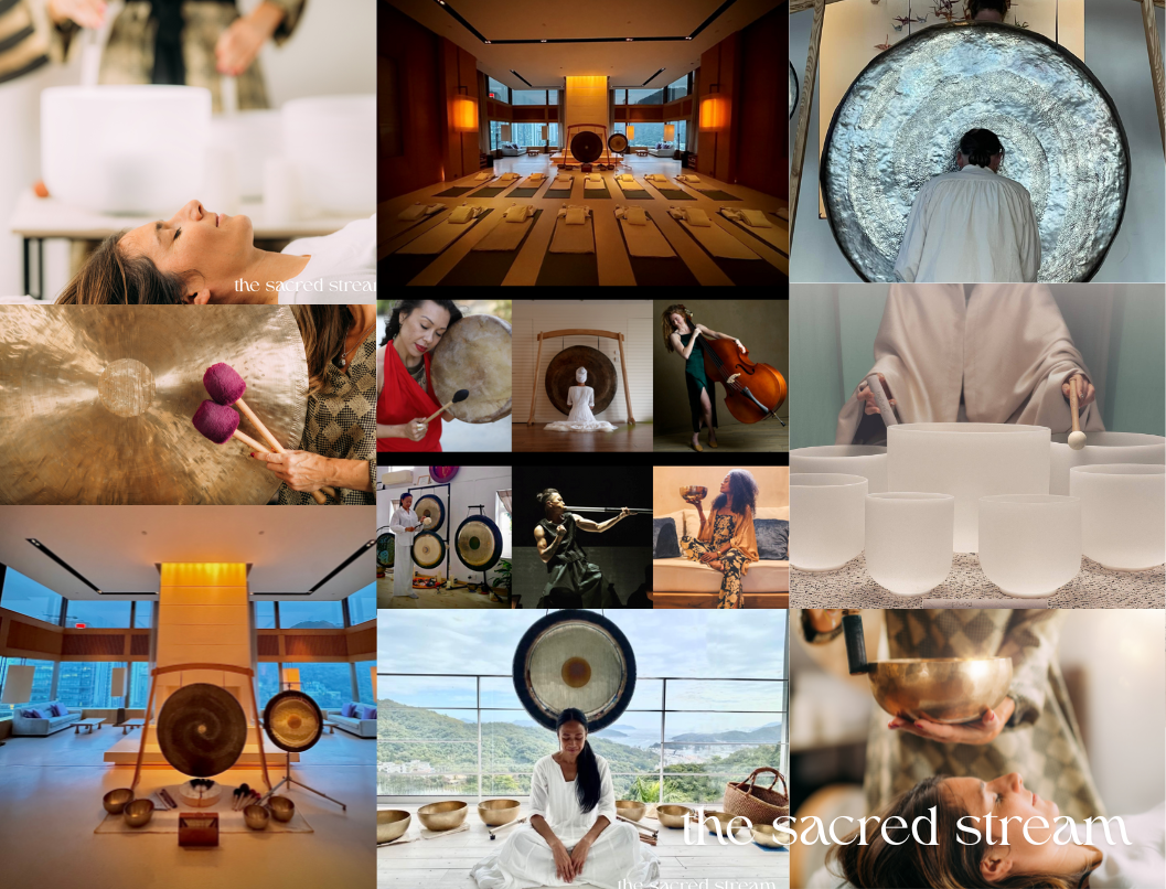 Collage of images depicting a sound healing session, meditation room, gong, gong instruments, a woman playing a drum, a woman playing a cello, crystal singing bowls, and individuals using sound therapy instruments in a peaceful setting.
