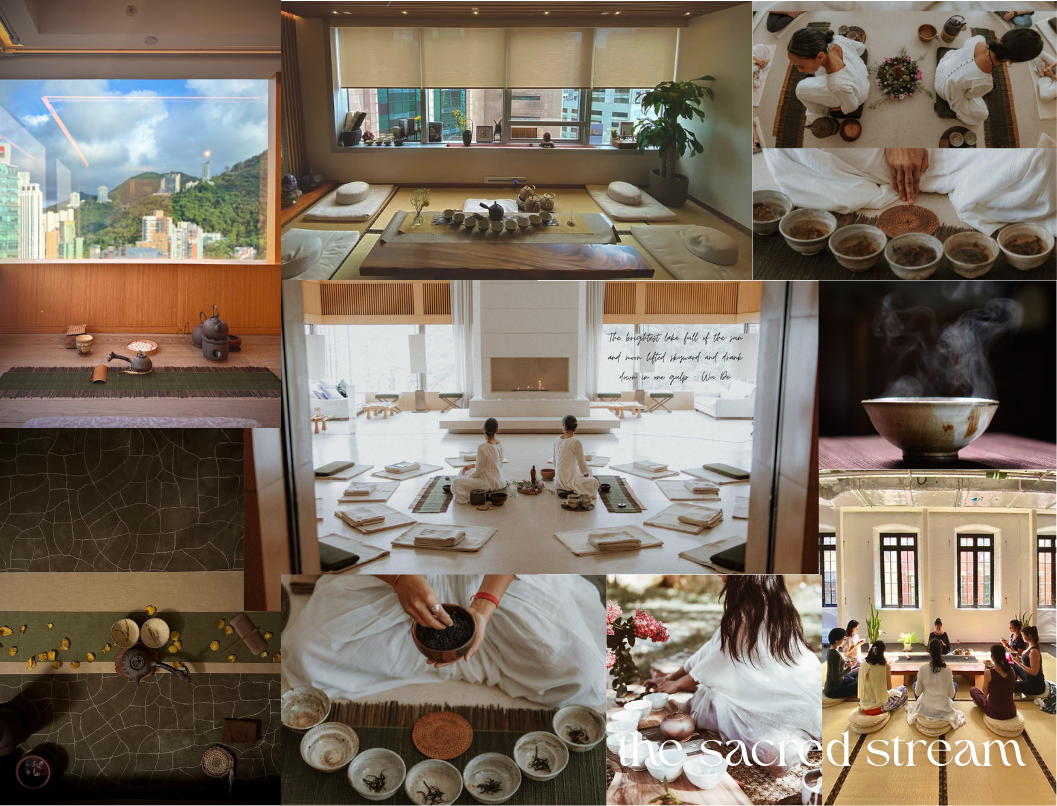 Series of images depicting a serene, spiritual environment for meditation and tea ceremony, with individuals practicing meditation, sitting on cushions, participating in tea rituals, and enjoying peaceful indoor and outdoor settings.