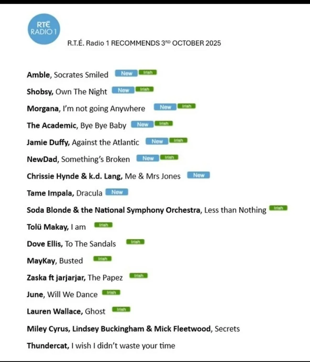 Great to have 3 of our PR clients on this weeks @rteradio1 Recommends Playlist. Fantastic new tracks from @shobsymusic , @doveellis_ and @laurenn.wallaceee &hellip;👏😊