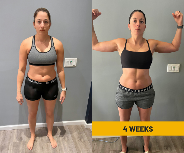 Steph&rsquo;s before and after photos showing increased muscle definition