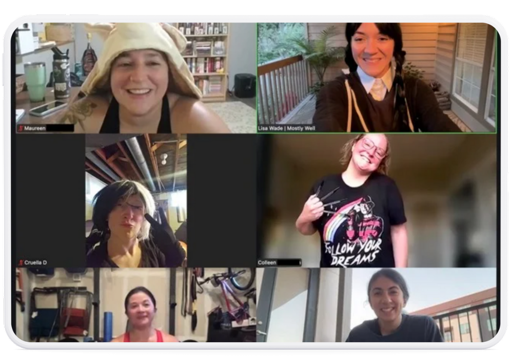 Members on a live Zoom Halloween HIIT workout with Coach Lisa