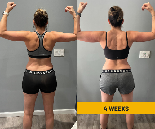 Steph's back view before and after 4 weeks: a leaner waist and more muscular upper back