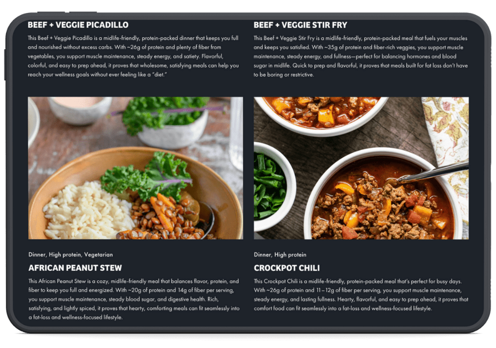 High-protein recipes in the All Access membership, shown on a tablet