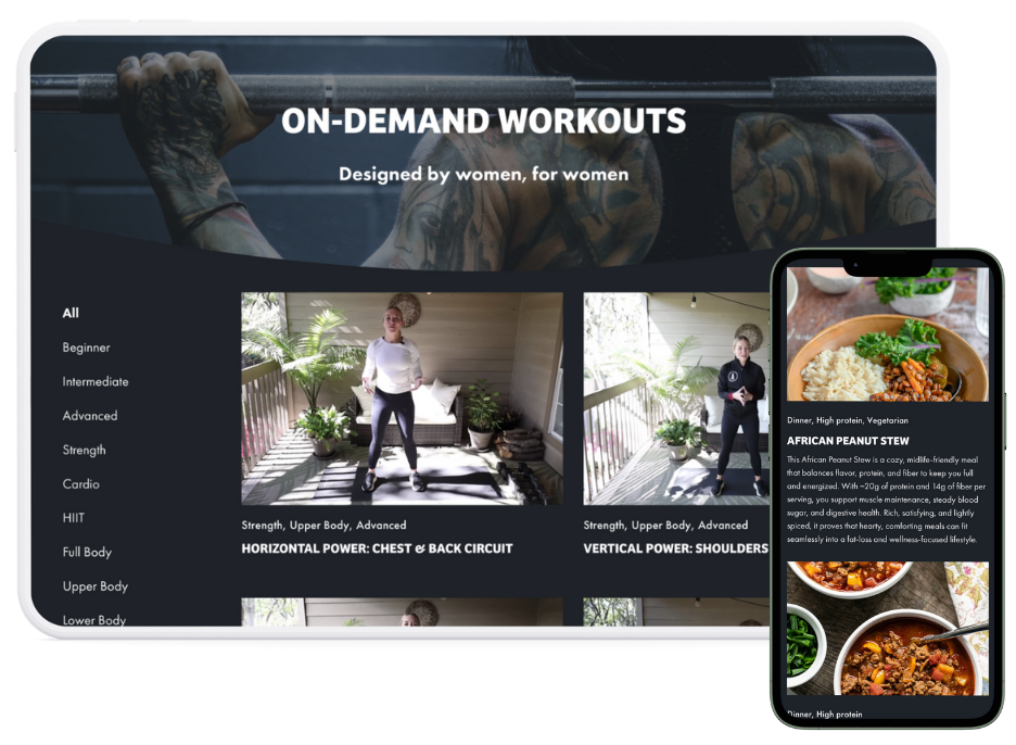 All Access on-demand workout library screenshot on tablet, and a screenshot of the healthy recipes (African peanut stew) on a phone