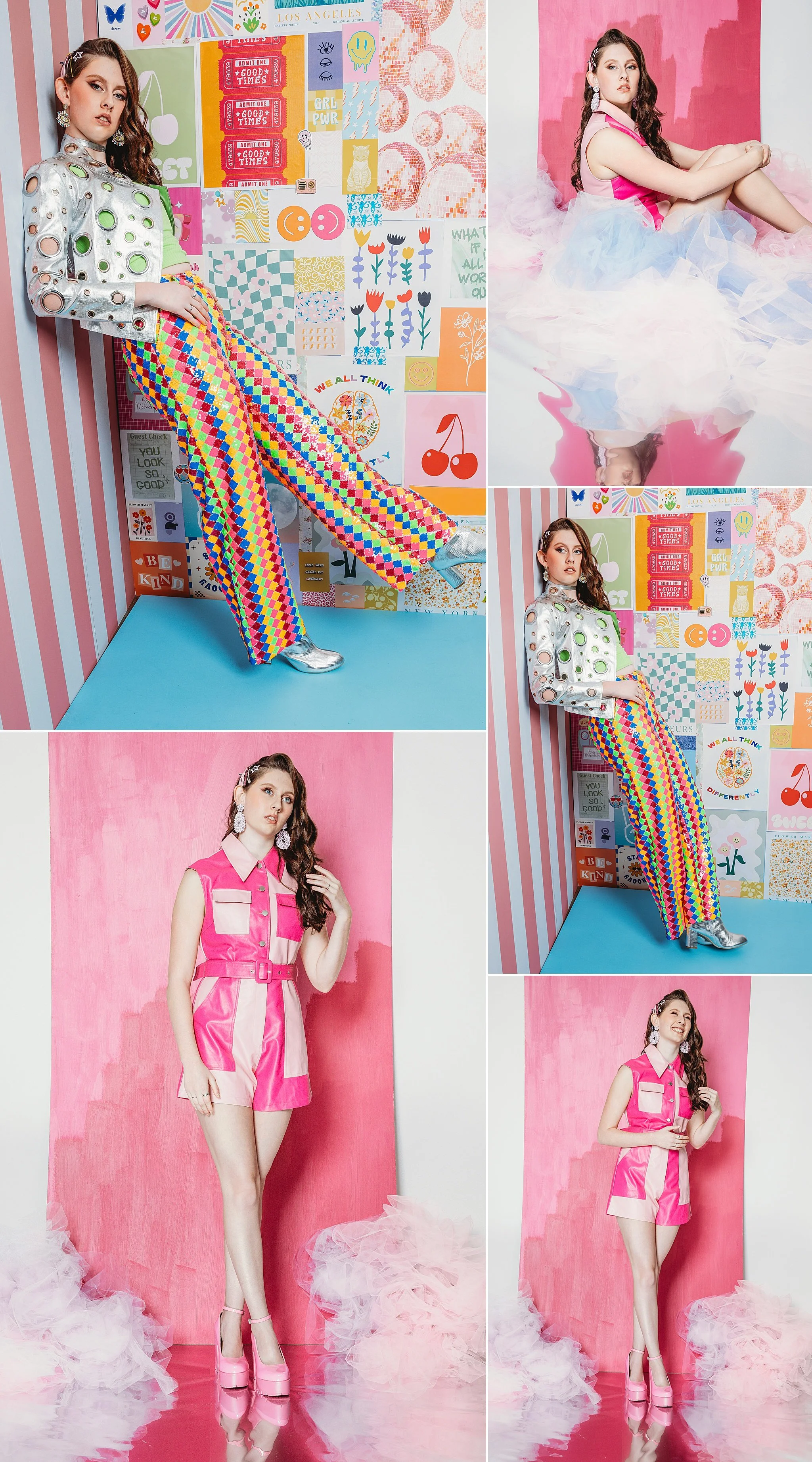 It's a collage of images of a tall teen model styled in two editorial looks. three images are of the model in her pink jumpsuit. The other two images in this collage have an alien rock metal take on the pastels trend.
