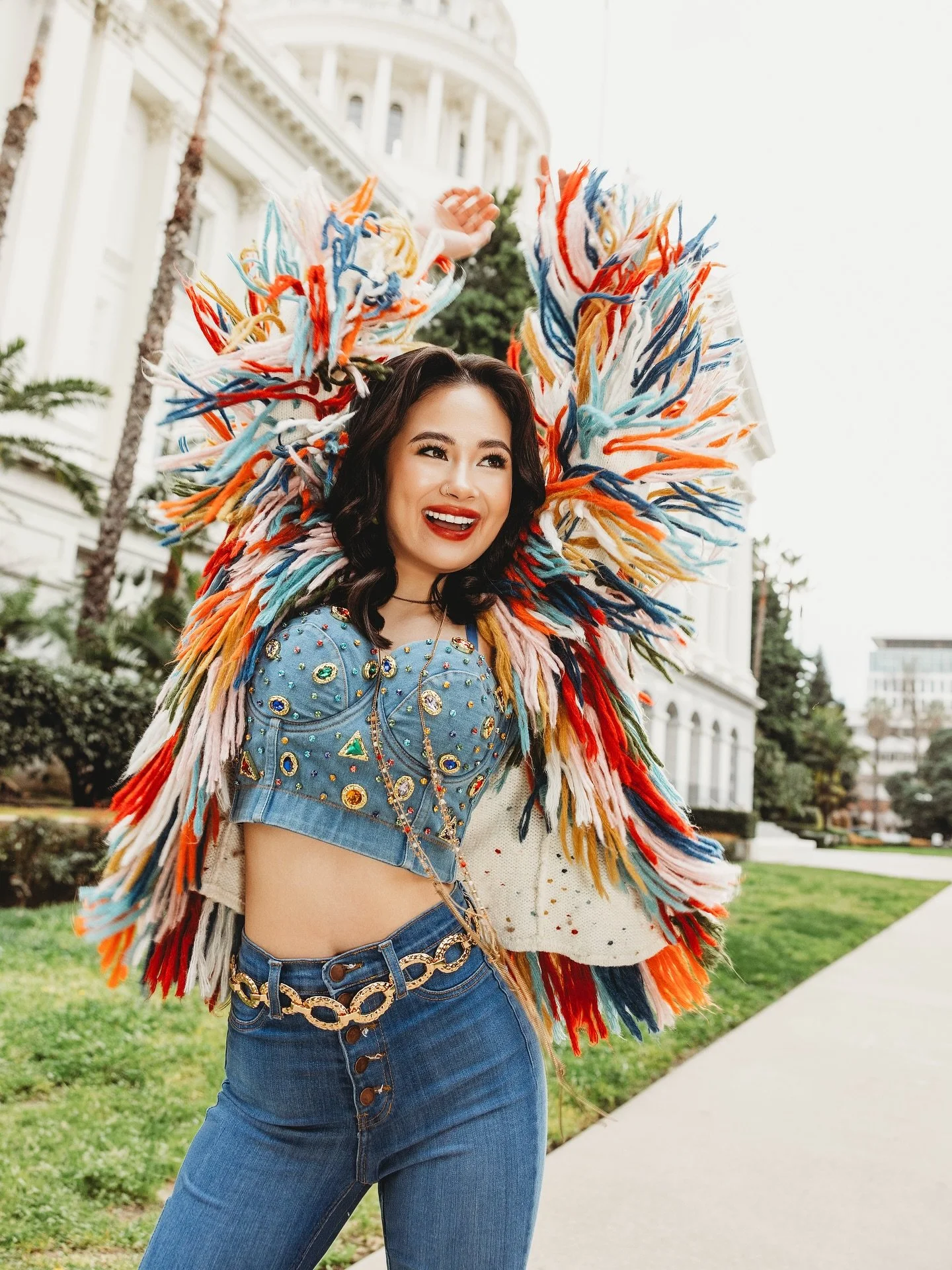 Sold this jacket last week and already regretting it! 😅 how beautiful is @macaelacannon in this fun outfit from the @lmcstylecloset with HMUA by @maimakeuphair #visitsacramento #laceymcarrollphotography #seniorportraitphotographer