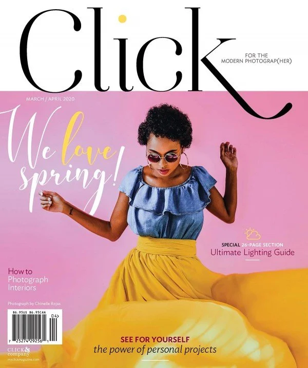 Cover of Click magazine, March/April 2020 issue, featuring a woman with curly hair wearing sunglasses, a denim top, and a yellow skirt, against a pink background with the text "We love spring!"